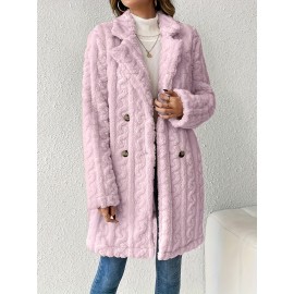 Womens Luxurious Teddy Coat - Stylish Double-Breasted Design with Fashion Lapel - Insulated Thermal Long Sleeves for Winter - Cozy Textured Wardrobe Staple Outwear