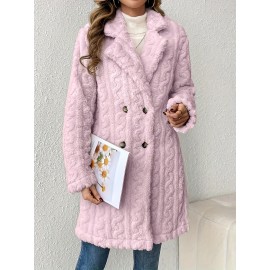 Womens Luxurious Teddy Coat - Stylish Double-Breasted Design with Fashion Lapel - Insulated Thermal Long Sleeves for Winter - Cozy Textured Wardrobe Staple Outwear