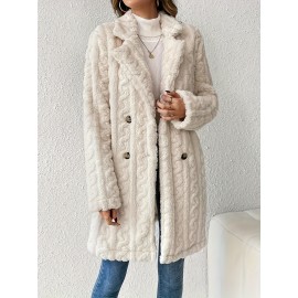Womens Luxurious Teddy Coat - Stylish Double-Breasted Design with Fashion Lapel - Insulated Thermal Long Sleeves for Winter - Cozy Textured Wardrobe Staple Outwear