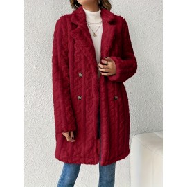 Womens Luxurious Teddy Coat - Stylish Double-Breasted Design with Fashion Lapel - Insulated Thermal Long Sleeves for Winter - Cozy Textured Wardrobe Staple Outwear