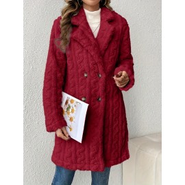 Womens Luxurious Teddy Coat - Stylish Double-Breasted Design with Fashion Lapel - Insulated Thermal Long Sleeves for Winter - Cozy Textured Wardrobe Staple Outwear