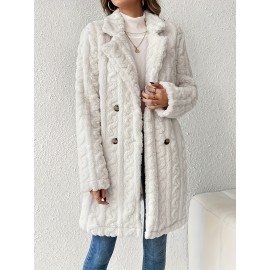 Womens Luxurious Teddy Coat - Stylish Double-Breasted Design with Fashion Lapel - Insulated Thermal Long Sleeves for Winter - Cozy Textured Wardrobe Staple Outwear