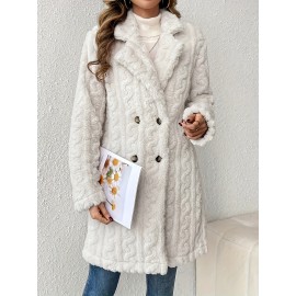 Womens Luxurious Teddy Coat - Stylish Double-Breasted Design with Fashion Lapel - Insulated Thermal Long Sleeves for Winter - Cozy Textured Wardrobe Staple Outwear