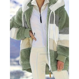 Ultra-Soft Color Block Fuzzy Hooded Coat - Stylish Winter Warm Outerwear with Full-Length Sleeves - Perfect for Casual Wear - Womens Clothing