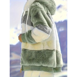 Ultra-Soft Color Block Fuzzy Hooded Coat - Stylish Winter Warm Outerwear with Full-Length Sleeves - Perfect for Casual Wear - Womens Clothing