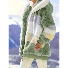 Ultra-Soft Color Block Fuzzy Hooded Coat - Stylish Winter Warm Outerwear with Full-Length Sleeves - Perfect for Casual Wear - Womens Clothing