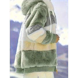 Ultra-Soft Color Block Fuzzy Hooded Coat - Stylish Winter Warm Outerwear with Full-Length Sleeves - Perfect for Casual Wear - Womens Clothing