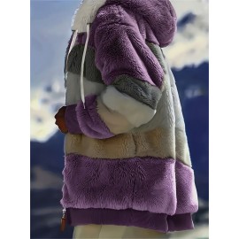 Ultra-Soft Color Block Fuzzy Hooded Coat - Stylish Winter Warm Outerwear with Full-Length Sleeves - Perfect for Casual Wear - Womens Clothing
