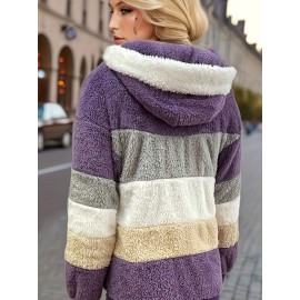 Ultra-Soft Color Block Fuzzy Hooded Coat - Stylish Winter Warm Outerwear with Full-Length Sleeves - Perfect for Casual Wear - Womens Clothing