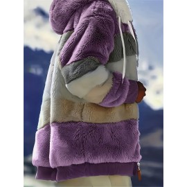Ultra-Soft Color Block Fuzzy Hooded Coat - Stylish Winter Warm Outerwear with Full-Length Sleeves - Perfect for Casual Wear - Womens Clothing