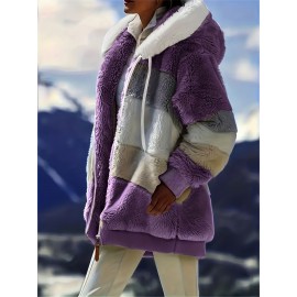 Ultra-Soft Color Block Fuzzy Hooded Coat - Stylish Winter Warm Outerwear with Full-Length Sleeves - Perfect for Casual Wear - Womens Clothing