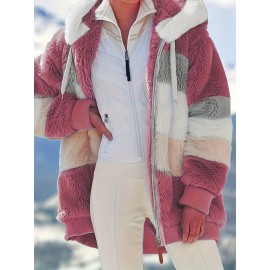 Ultra-Soft Color Block Fuzzy Hooded Coat - Stylish Winter Warm Outerwear with Full-Length Sleeves - Perfect for Casual Wear - Womens Clothing