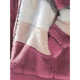 Ultra-Soft Color Block Fuzzy Hooded Coat - Stylish Winter Warm Outerwear with Full-Length Sleeves - Perfect for Casual Wear - Womens Clothing