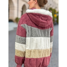 Ultra-Soft Color Block Fuzzy Hooded Coat - Stylish Winter Warm Outerwear with Full-Length Sleeves - Perfect for Casual Wear - Womens Clothing