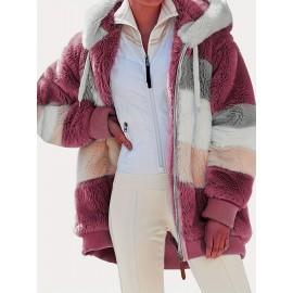 Ultra-Soft Color Block Fuzzy Hooded Coat - Stylish Winter Warm Outerwear with Full-Length Sleeves - Perfect for Casual Wear - Womens Clothing