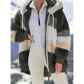 Ultra-Soft Color Block Fuzzy Hooded Coat - Stylish Winter Warm Outerwear with Full-Length Sleeves - Perfect for Casual Wear - Womens Clothing
