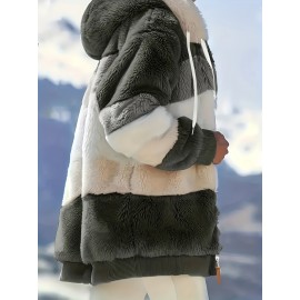 Ultra-Soft Color Block Fuzzy Hooded Coat - Stylish Winter Warm Outerwear with Full-Length Sleeves - Perfect for Casual Wear - Womens Clothing