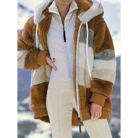 Ultra-Soft Color Block Fuzzy Hooded Coat - Stylish Winter Warm Outerwear with Full-Length Sleeves - Perfect for Casual Wear - Womens Clothing