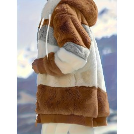 Ultra-Soft Color Block Fuzzy Hooded Coat - Stylish Winter Warm Outerwear with Full-Length Sleeves - Perfect for Casual Wear - Womens Clothing