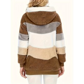 Ultra-Soft Color Block Fuzzy Hooded Coat - Stylish Winter Warm Outerwear with Full-Length Sleeves - Perfect for Casual Wear - Womens Clothing