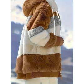 Ultra-Soft Color Block Fuzzy Hooded Coat - Stylish Winter Warm Outerwear with Full-Length Sleeves - Perfect for Casual Wear - Womens Clothing