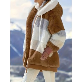 Ultra-Soft Color Block Fuzzy Hooded Coat - Stylish Winter Warm Outerwear with Full-Length Sleeves - Perfect for Casual Wear - Womens Clothing