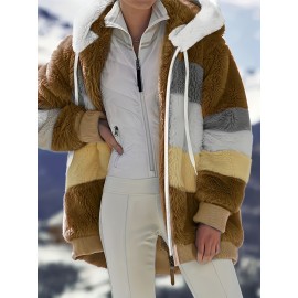 Ultra-Soft Color Block Fuzzy Hooded Coat - Stylish Winter Warm Outerwear with Full-Length Sleeves - Perfect for Casual Wear - Womens Clothing