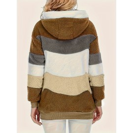 Ultra-Soft Color Block Fuzzy Hooded Coat - Stylish Winter Warm Outerwear with Full-Length Sleeves - Perfect for Casual Wear - Womens Clothing