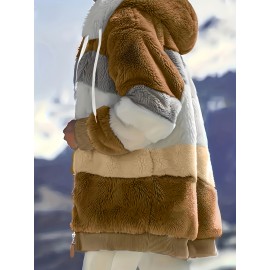 Ultra-Soft Color Block Fuzzy Hooded Coat - Stylish Winter Warm Outerwear with Full-Length Sleeves - Perfect for Casual Wear - Womens Clothing