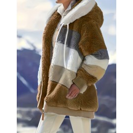 Ultra-Soft Color Block Fuzzy Hooded Coat - Stylish Winter Warm Outerwear with Full-Length Sleeves - Perfect for Casual Wear - Womens Clothing