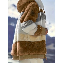 Ultra-Soft Color Block Fuzzy Hooded Coat - Stylish Winter Warm Outerwear with Full-Length Sleeves - Perfect for Casual Wear - Womens Clothing