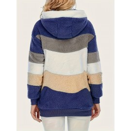 Ultra-Soft Color Block Fuzzy Hooded Coat - Stylish Winter Warm Outerwear with Full-Length Sleeves - Perfect for Casual Wear - Womens Clothing