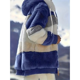 Ultra-Soft Color Block Fuzzy Hooded Coat - Stylish Winter Warm Outerwear with Full-Length Sleeves - Perfect for Casual Wear - Womens Clothing