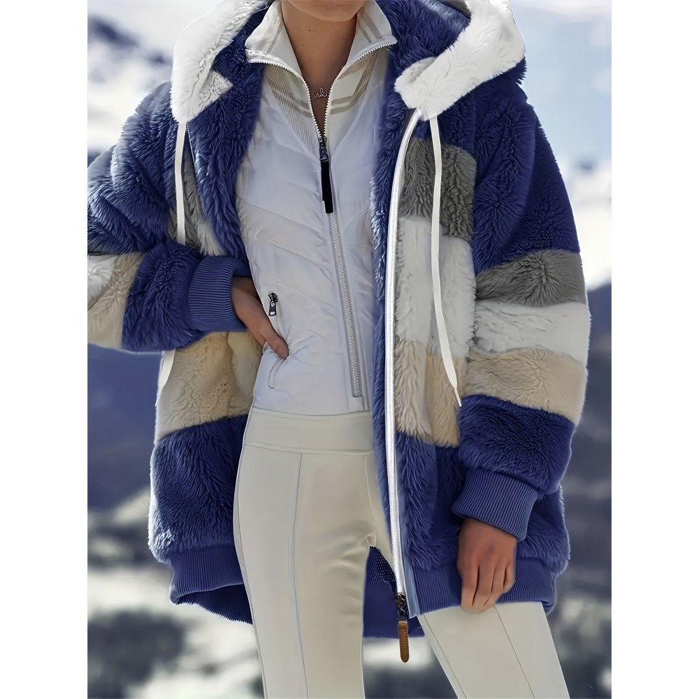 Ultra-Soft Color Block Fuzzy Hooded Coat - Stylish Winter Warm Outerwear with Full-Length Sleeves - Perfect for Casual Wear - Womens Clothing