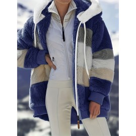 Ultra-Soft Color Block Fuzzy Hooded Coat - Stylish Winter Warm Outerwear with Full-Length Sleeves - Perfect for Casual Wear - Womens Clothing