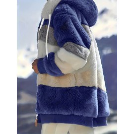 Ultra-Soft Color Block Fuzzy Hooded Coat - Stylish Winter Warm Outerwear with Full-Length Sleeves - Perfect for Casual Wear - Womens Clothing