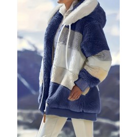 Ultra-Soft Color Block Fuzzy Hooded Coat - Stylish Winter Warm Outerwear with Full-Length Sleeves - Perfect for Casual Wear - Womens Clothing
