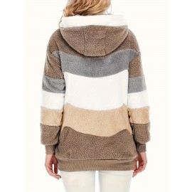 Cozy Fuzzy Color Block Coat - Stylish Hooded Zip Up with Drawstring - Adjustable Long Sleeve Outerwear for Women - Perfect Winter Wear