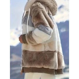 Cozy Fuzzy Color Block Coat - Stylish Hooded Zip Up with Drawstring - Adjustable Long Sleeve Outerwear for Women - Perfect Winter Wear