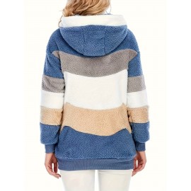 Cozy Fuzzy Color Block Coat - Stylish Hooded Zip Up with Drawstring - Adjustable Long Sleeve Outerwear for Women - Perfect Winter Wear