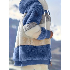 Cozy Fuzzy Color Block Coat - Stylish Hooded Zip Up with Drawstring - Adjustable Long Sleeve Outerwear for Women - Perfect Winter Wear