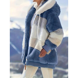 Cozy Fuzzy Color Block Coat - Stylish Hooded Zip Up with Drawstring - Adjustable Long Sleeve Outerwear for Women - Perfect Winter Wear