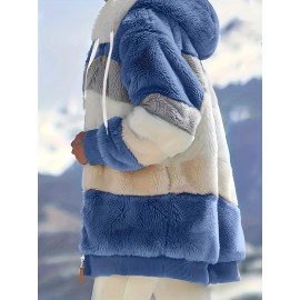 Cozy Fuzzy Color Block Coat - Stylish Hooded Zip Up with Drawstring - Adjustable Long Sleeve Outerwear for Women - Perfect Winter Wear