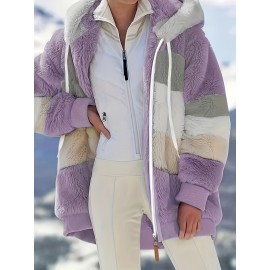 Cozy Fuzzy Color Block Coat - Stylish Hooded Zip Up with Drawstring - Adjustable Long Sleeve Outerwear for Women - Perfect Winter Wear