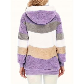Cozy Fuzzy Color Block Coat - Stylish Hooded Zip Up with Drawstring - Adjustable Long Sleeve Outerwear for Women - Perfect Winter Wear