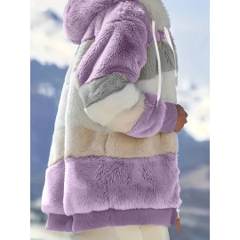 Cozy Fuzzy Color Block Coat - Stylish Hooded Zip Up with Drawstring - Adjustable Long Sleeve Outerwear for Women - Perfect Winter Wear