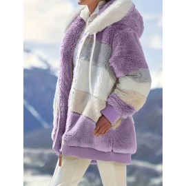 Cozy Fuzzy Color Block Coat - Stylish Hooded Zip Up with Drawstring - Adjustable Long Sleeve Outerwear for Women - Perfect Winter Wear