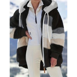 Cozy Fuzzy Color Block Coat - Stylish Hooded Zip Up with Drawstring - Adjustable Long Sleeve Outerwear for Women - Perfect Winter Wear