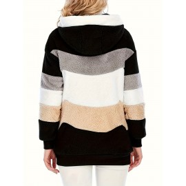 Cozy Fuzzy Color Block Coat - Stylish Hooded Zip Up with Drawstring - Adjustable Long Sleeve Outerwear for Women - Perfect Winter Wear