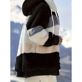 Cozy Fuzzy Color Block Coat - Stylish Hooded Zip Up with Drawstring - Adjustable Long Sleeve Outerwear for Women - Perfect Winter Wear